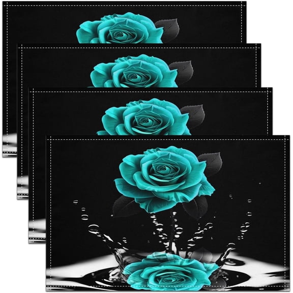 Teal Rose Table Place Mats Romantic Floral Blossom Placemats Set of 4 for Boys Girls Black Teal Placemat for Kitchen Dining Table for Lover Indoor Outdoor Decor Table Mats 18"x12"