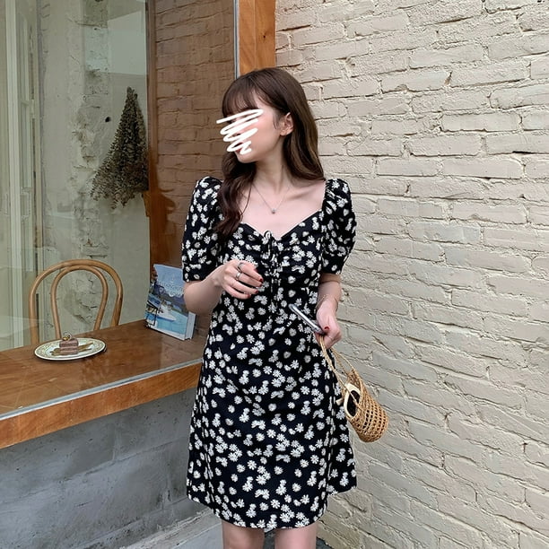 Women s Dress Summer Waistline Boat Neck Daisy Floral Skirt Walmart