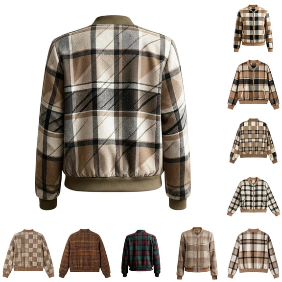 Xijirk Women Plaid Bomber Jacket Zip Up Long Sleeve Ribbed Trim Outerwear for Spring Fall Casual Daily Street Wear