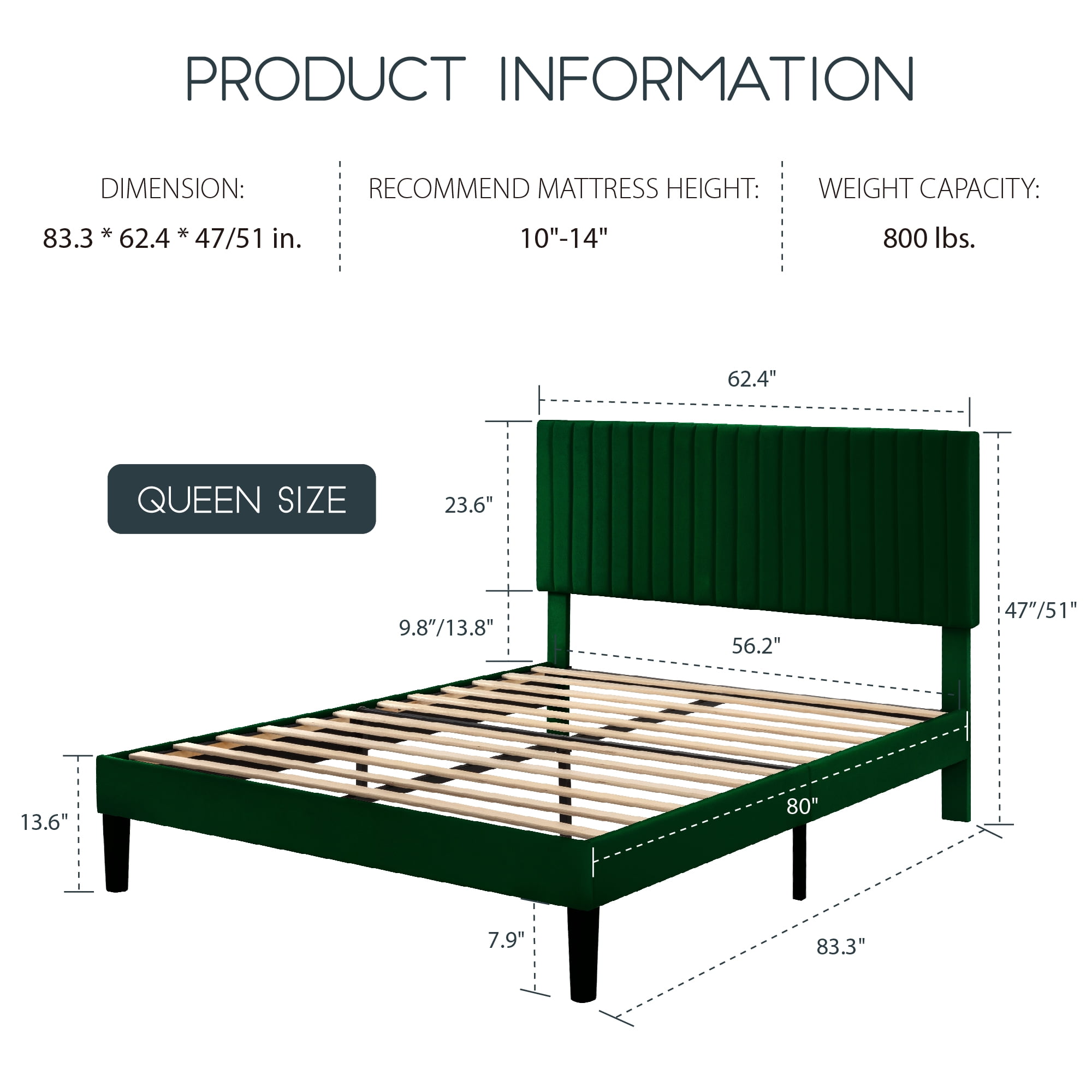 Einfach Queen Size Platform Bed Frame with Upholstered Adjustable Velvet Vertical Tufted Headboard, Green
