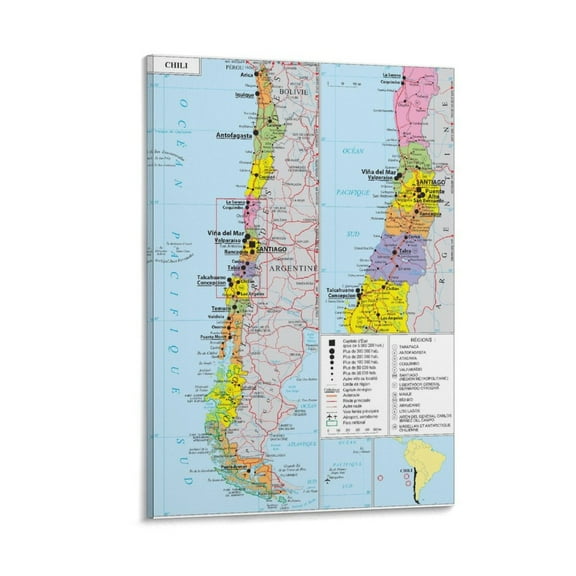 Chile Map Posters Wall Art Poster Scroll Canvas Painting Picture Living Room Decor Home 24x36inch(60x90cm)