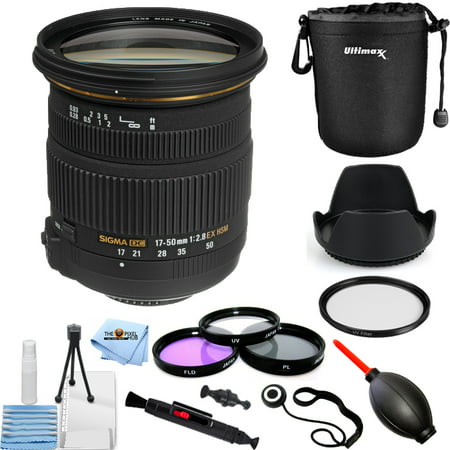 Sigma 17-50mm f/2.8 EX DC OS HSM Zoom Lens for Nikon DSLRs Pro Bundle with Lens Pouch, Tulip Hood Lens, Filter Kit, Lens Cap Keeper and