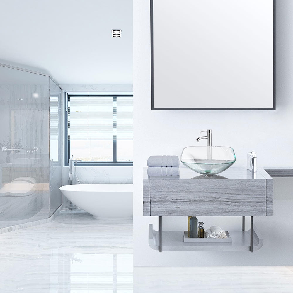 Aquaterior Bathroom Tempered Glass Vessel Sink Natural Clear Square Shape Transparent Basin