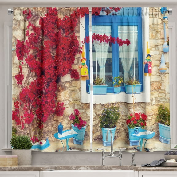 Ambesonne Coastal Kitchen Curtains, Mediterranean House, 55"x45", Pale Brown Navy Blue