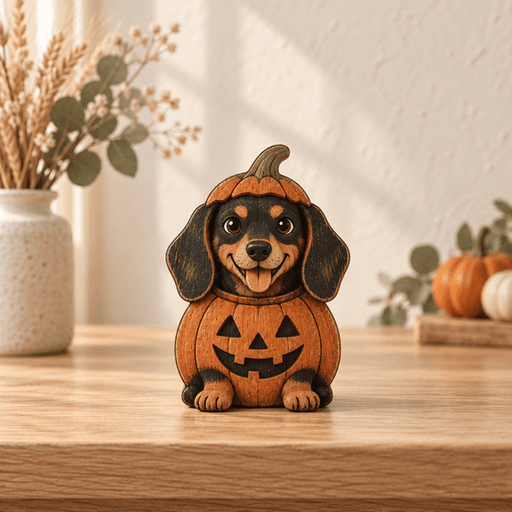 Tabletop Decor, Halloween Dachshund Pumpkin 3-Layer Wooden Seasonal Accent for Pet Lovers