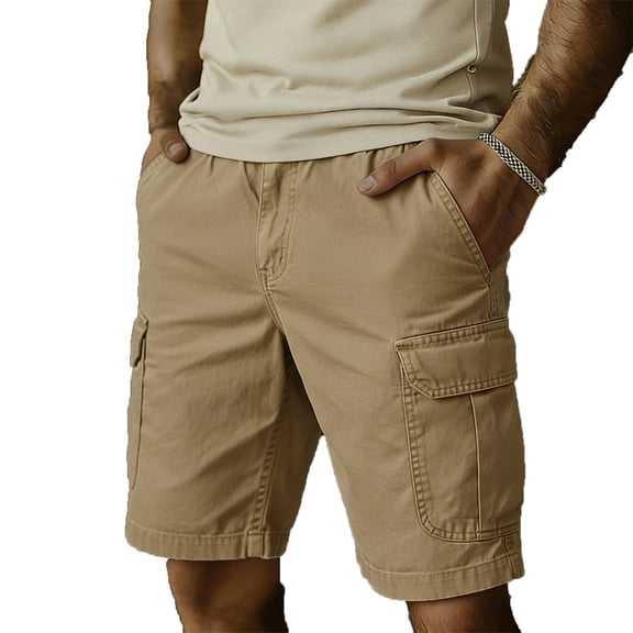 YLSDY Men's Summer Solid Outdoor Cargo Shorts, Elastic Waist Stylish Design, 5 Inch Breathable Casual Shorts with Side Pockets Khaki S