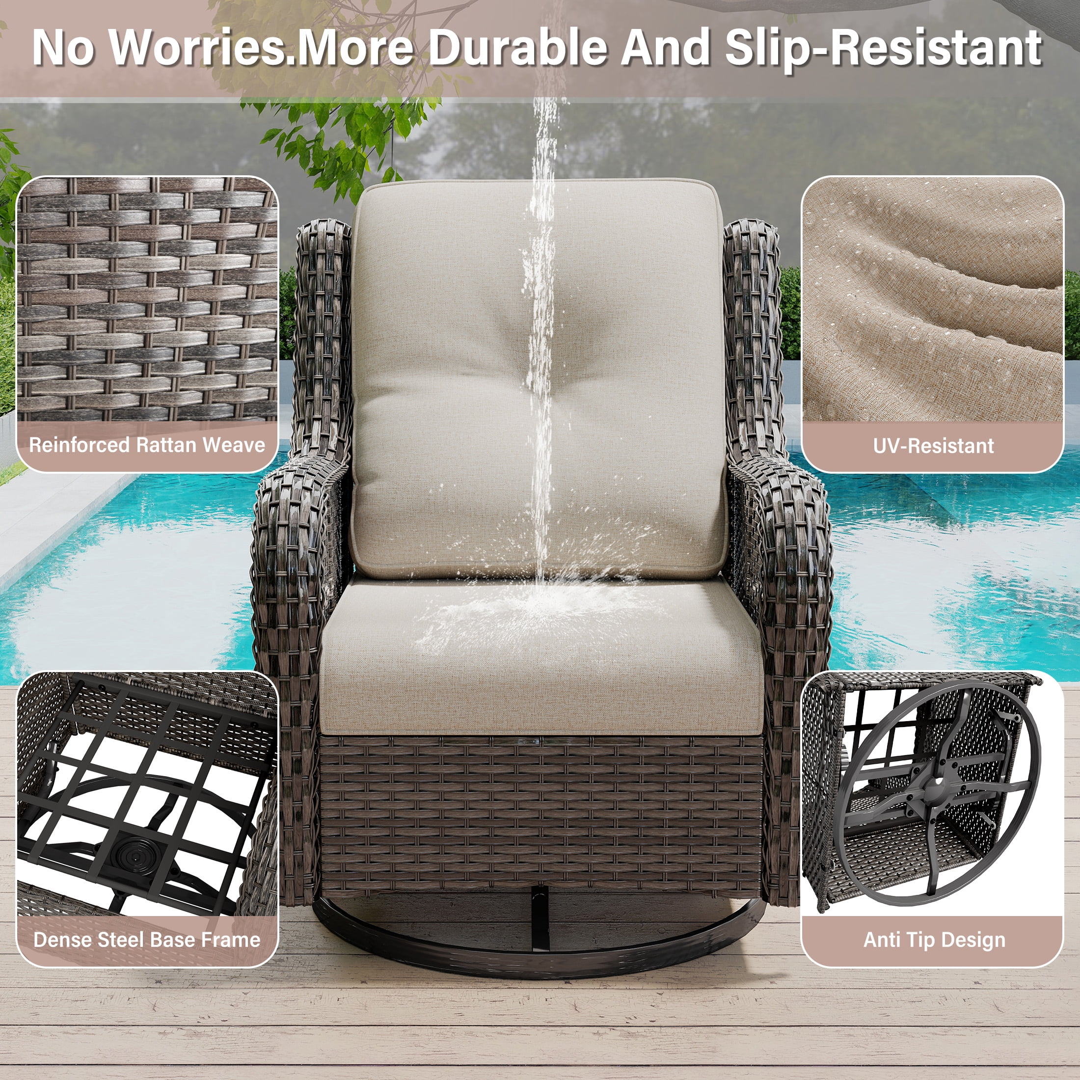 MeetLeisure 5 Piece Wicker Patio Furniture Set, 2 Swivel Rocker Chairs, 2 Rattan Armchairs, 1 Side Table, High Back, Deep Seating, Thick Cushions for Deck Porch, Beige