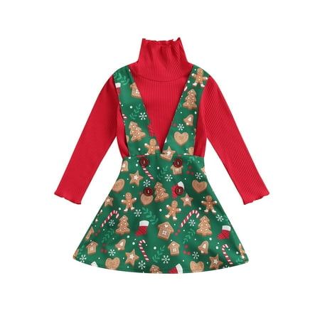 

sdghg Children s Girl Autumn Skirt Suit High-necked Long-sleeved Tops Christmas Print Suspender Skirt