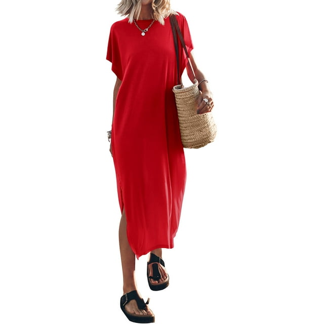 Kmbangi Robes Longues Noires pour Femmes pour l'Été 2023, Manches Chauve-Souris Courtes Col Rond Fendu Robe de Plage Décontractée