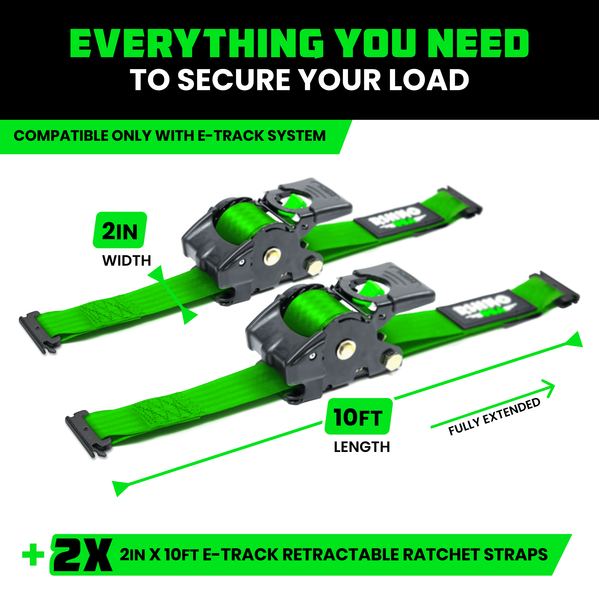 Rhino USA 2" x 10' E Track Retractable Ratchet Tie Down Straps - 3033lb Break Strength (Green 2Pack)