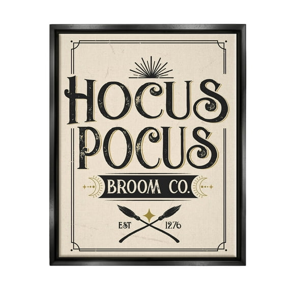 Stupell Industries Vintage Hocus Pocus Broom Sign Graphic Art Jet Black Floating Framed Canvas Print Wall Art, Design by Angela Nickeas