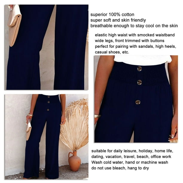 Loose Long Wide Leg Pants Women Wide Leg Trousers Button Trim Pants High  Waist Back Elastic Waistband Casual Bottoms For Daily Life Holiday Date  Navy