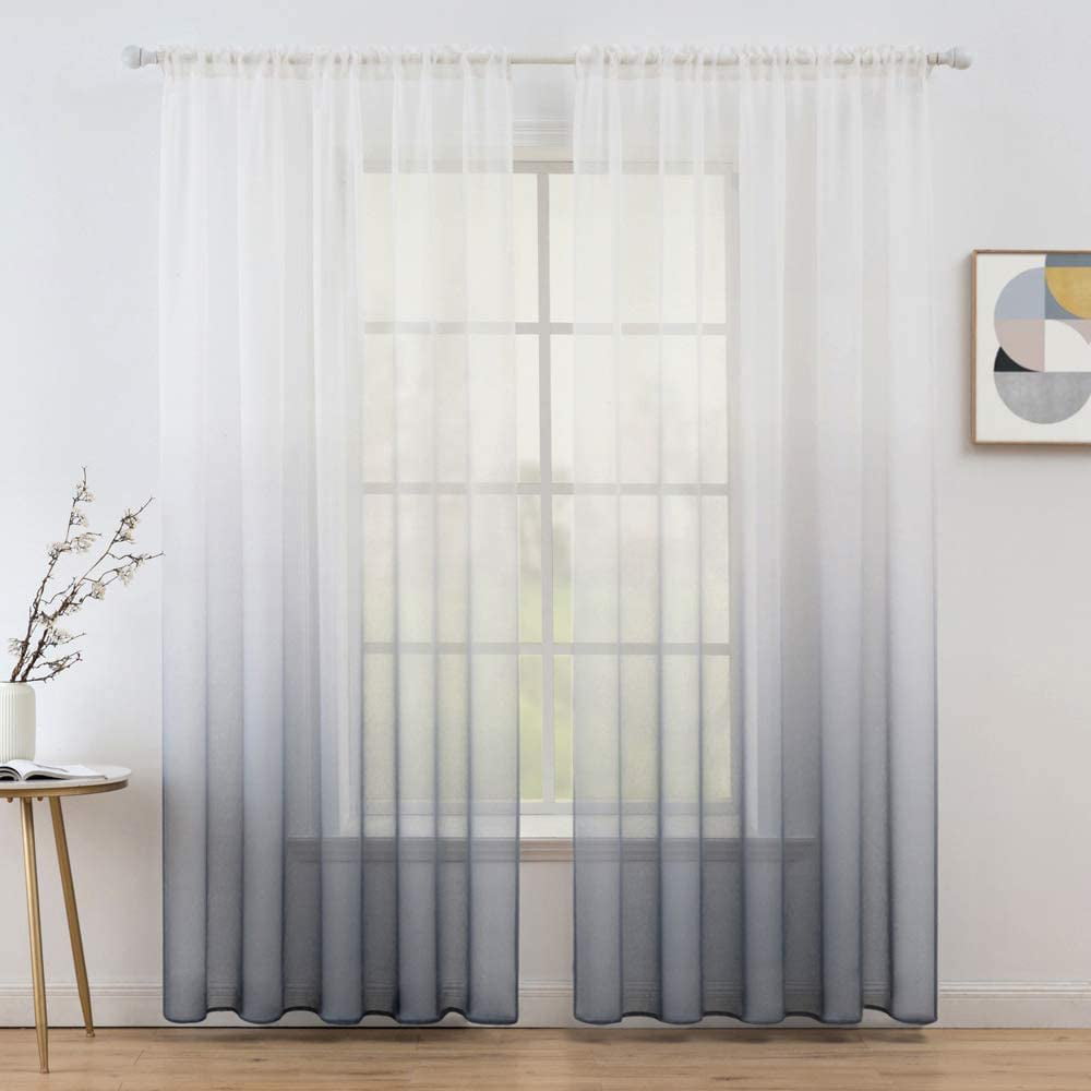 2 Drape Panels 52 x 63 Inch Length Hiasan Grey Ombre Sheer Curtains for Living Room Faux Linen Voile Gradient Grommet Window Curtains for Bedroom 