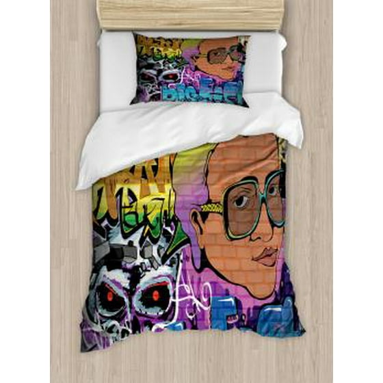 Urban Graffiti Twin Size Duvet Cover Set Artistic Hip Hop Design Urban Graffiti Twin Size Duvet Cover Set Artistic Hip Hop Design Wall Art Background Man Head Detail Decorative 2 Piece Bedding With 1