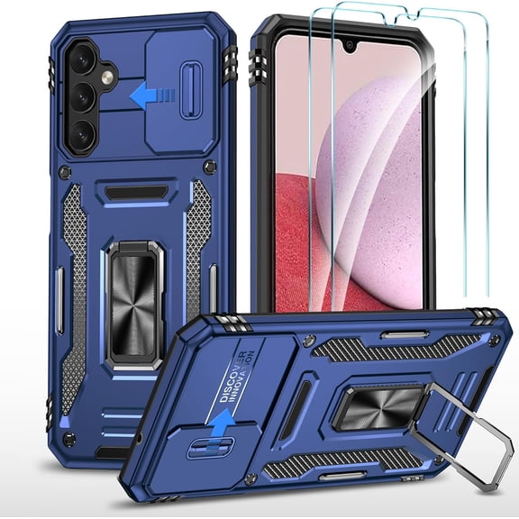for Samsung Galaxy A14 5G Case Set, with 2 Screen Protector, Built-in Stand and Slide Camera Cover Phone Case, Military-Grade Protection, Shockproof, Scratch-Resistant, Blue