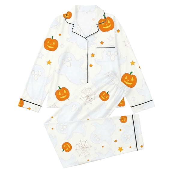 CAIVO Kids Girls Halloween Ghost Print Pajama Sets Lapel Long Sleeve Button Down Shirt With Pants 2 Piece Casual Home Pyjamas
