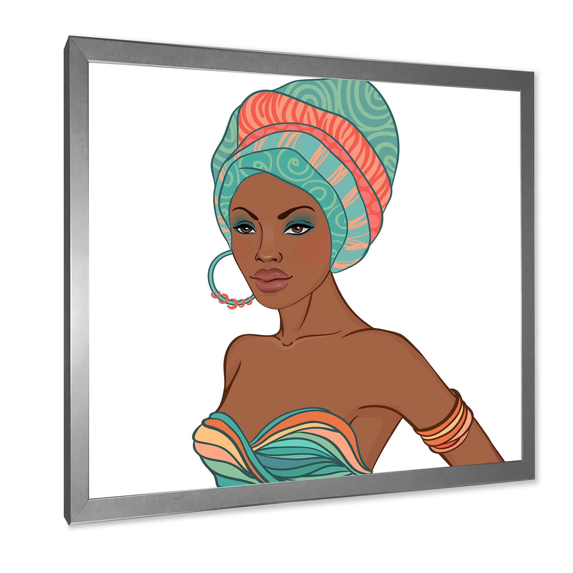 African American Woman With Turban and Earring 36 in x 36 in Framed Painting Canvas Art Print, by Designart