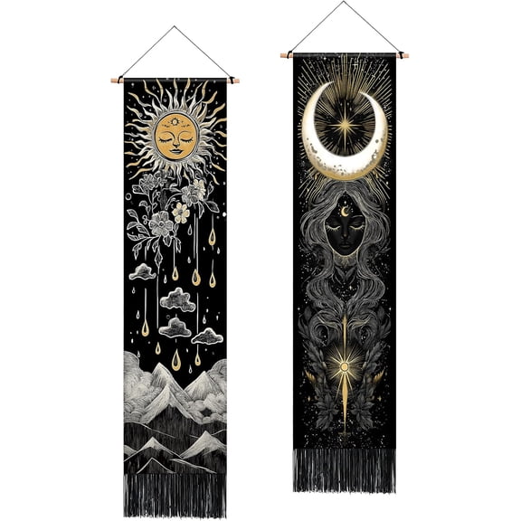 2-Piece Vertical Boho Celestial Sun Moon Mountain Tapestry Wall Hanging with Gold Accents 13×51 in Black Tassel
