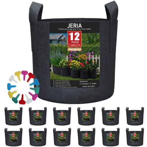 JERIA Lot de 12 7 Gallons, Sacs de Culture Légumes/fleurs/plantes, Pots en Tissu d'Aération avec Poignées (Noir), Livré avec 12 Étiquettes de Plantes