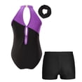 thumbnail image 2 of YONGHS Kids Girls Shiny Gymnastics Leotard with Athletic Shorts Hair Band Set Tracksuit Ballet Dance Outfits Unitard Purple&Black-A 8, 2 of 5