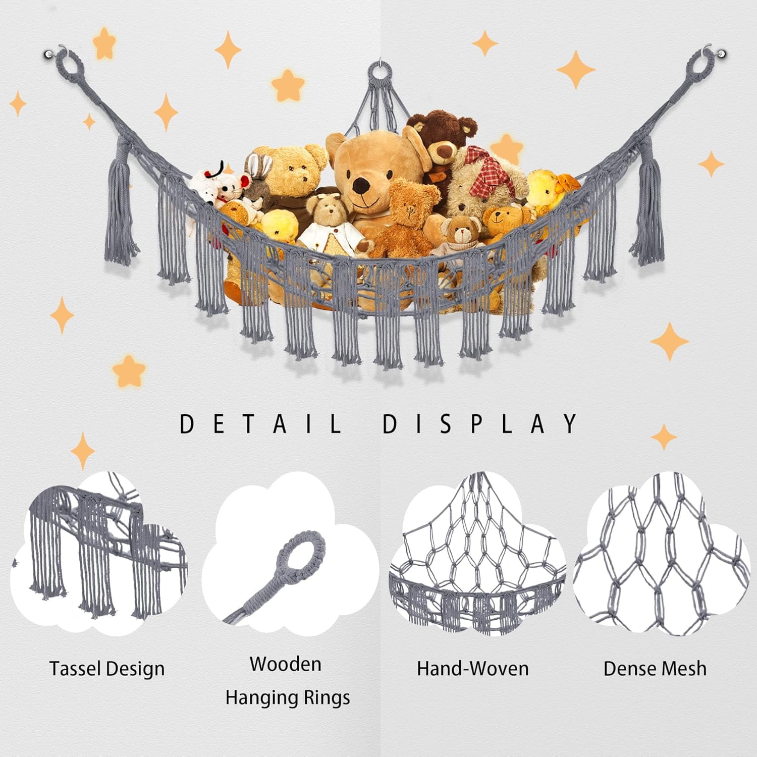 Stuffed Animal Hammock with LED Light, 2 Pack Toy Hammock for Stuffed Animals Storage for Kids, Stuffed Animal Hammock Corner, Grey
