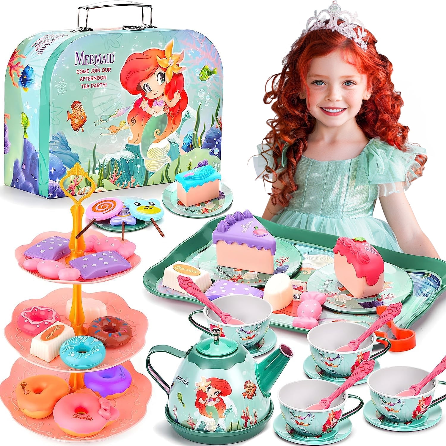 Flooyes Mermaid Tea Party Set for Kids, Pretend Play Tea Set, 48 PCS Toy Tea Set Includes Teapot, Cups, Saucers, and Accessories - Gifts for Kids Girls Parties Role-Playing Games