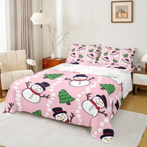 Manfei Cute Winter Snowman Full Size Sheets 4pcs for Boys Girls, Green Xmas Tree Bed Sheets, Pink White Polka Dots Sheet Sets, Microfiber Bedroom Decor