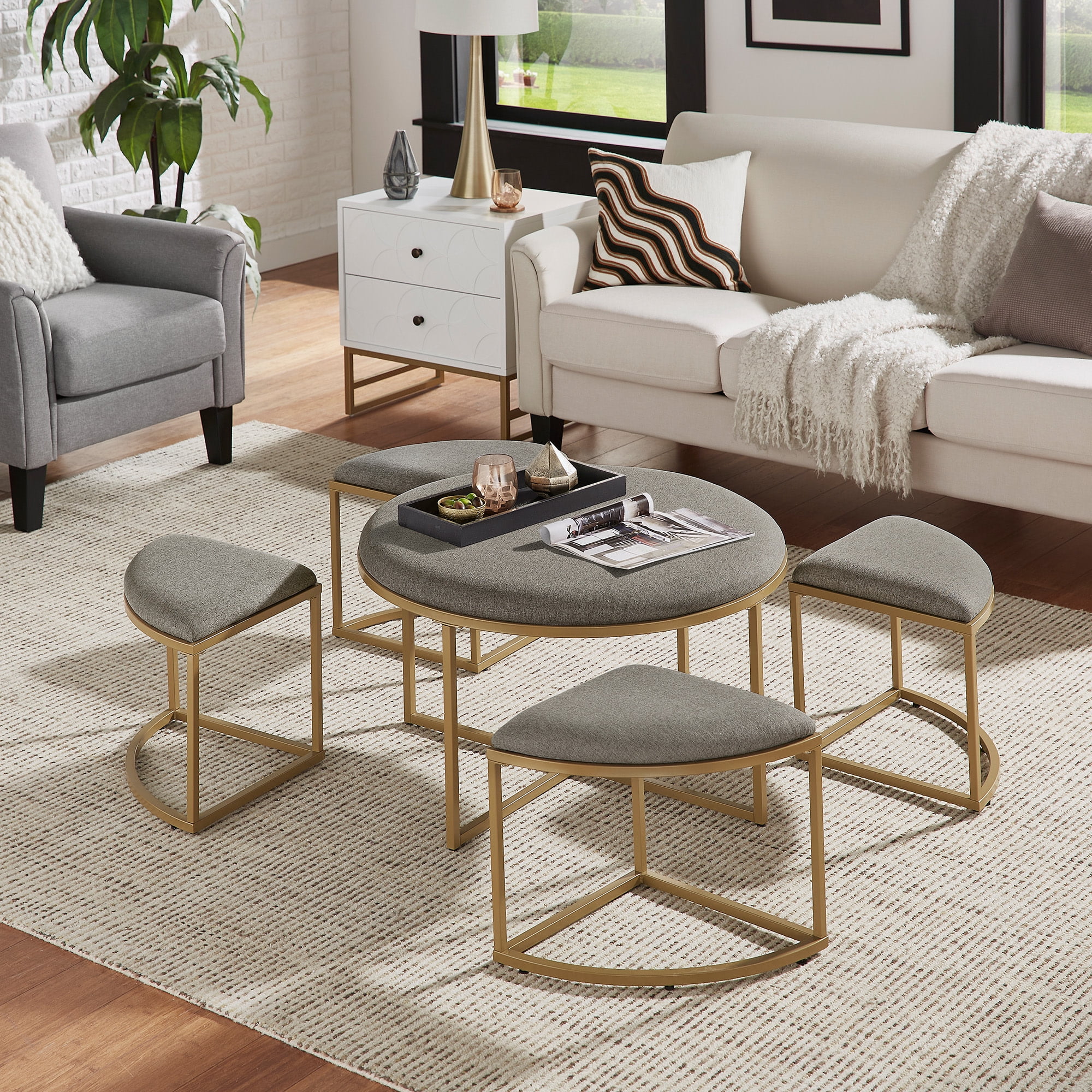 Weston Home Lilas Round Coffee Table with Nesting Stools, Grey/ Gold ...