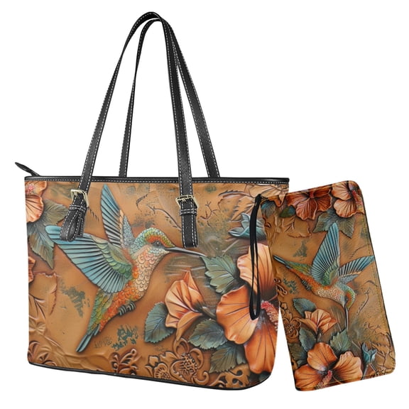 Tutolipy Hummingbird Hibiscus Printed Wallet and Handbag Set,Wallet Purse Set Tote Bags for Women Ladies,Top Handle Work Totes for Shopping