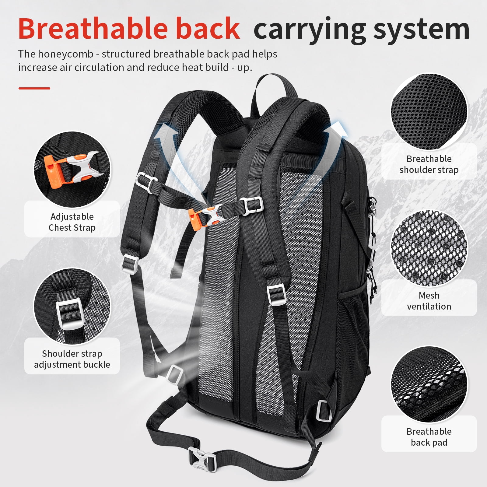 JIDIZHE 35L Polar Explorer Hiking Backpack, Lightweight Water-Resistant Outdoor Travel Backpack for Men & Women, Black