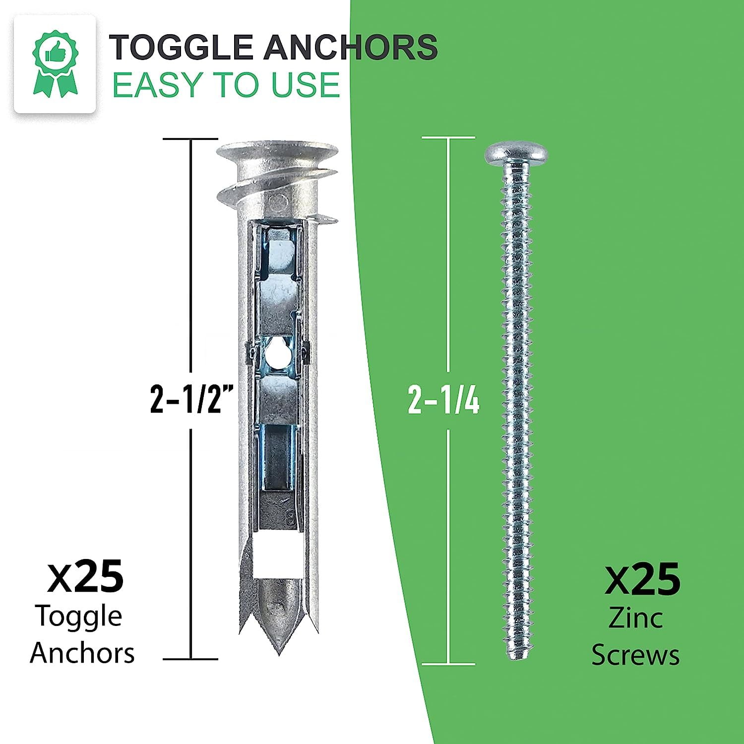 Zinc E-z Ancor Toggle Kit, 25 Zinc Self Drilling Toggle Anchors