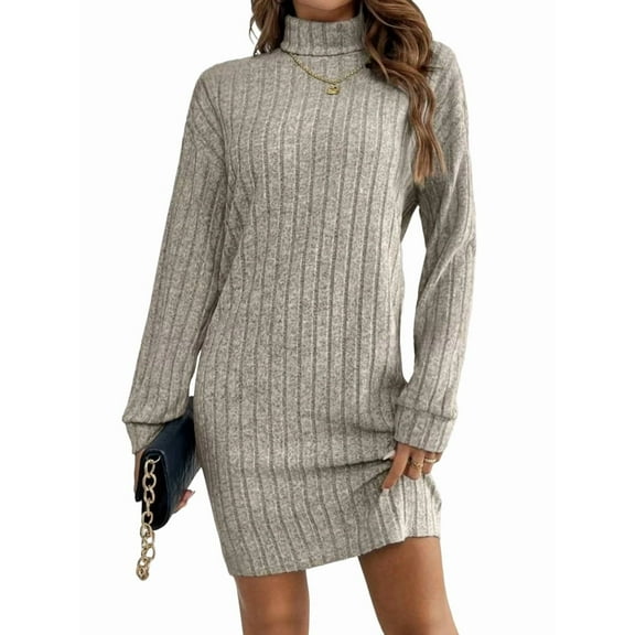 Women Long Sleeve Oversize Turtle-Neck Sweater Dress Cable Knit Short Dresses Vacation Winter Clothes Gray M