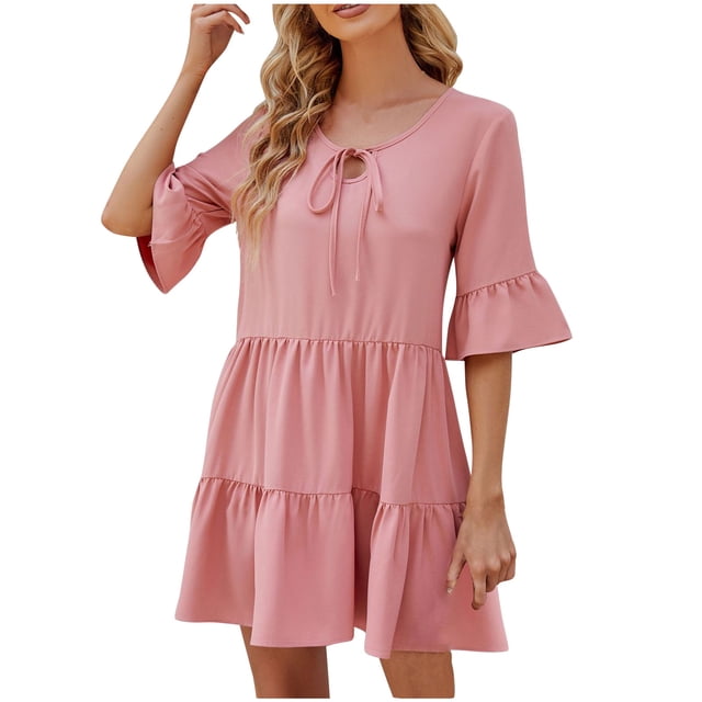 Hyknon Robes pour Femmes Mode Ample Col Rond Été Manches Feuilles Robe Décontractée Douce Fluide Ample