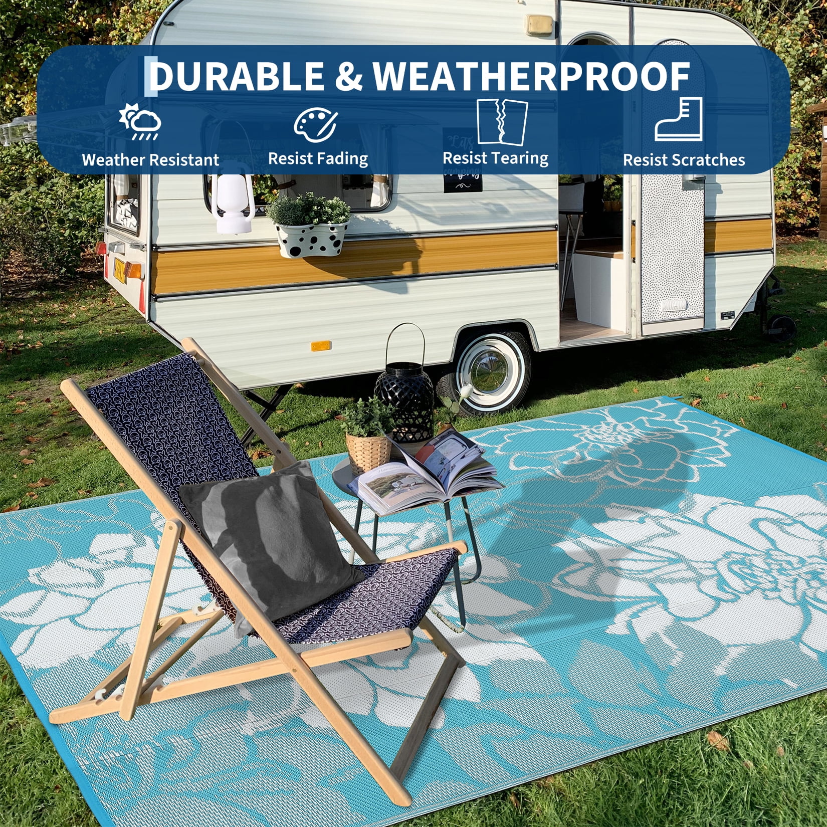 Hasoo 9' x 18' Light Blue Outdoor Rug for Patio Decor Waterproof Plastic Straw Modern Geometric Carpet PP Tube Woven Portable Camping Mat for Picnic Balcony