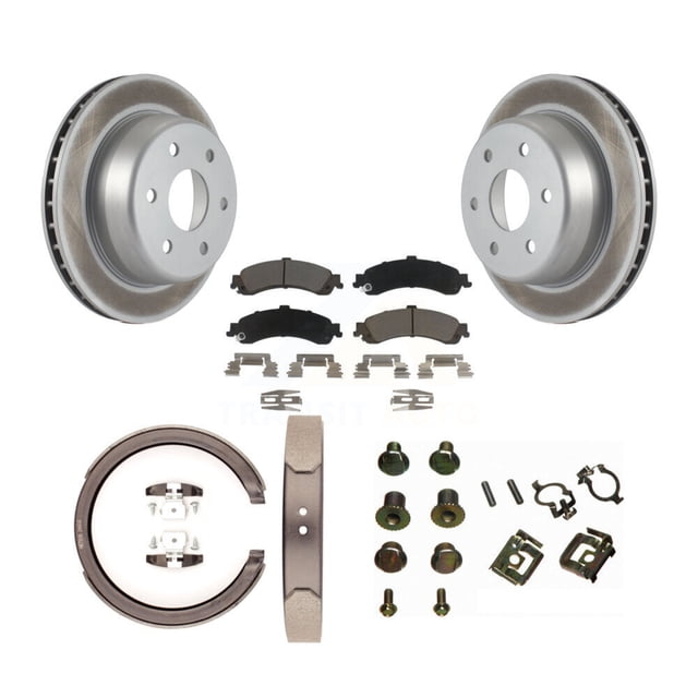 Transit Auto Rear Disc Coated Rotors Ceramic Pads Parking Brake Shoes and Hardware Kit for Car Chevrolet Silverado 1500 GMC Sierra with Dual Piston Caliper KGC-103400