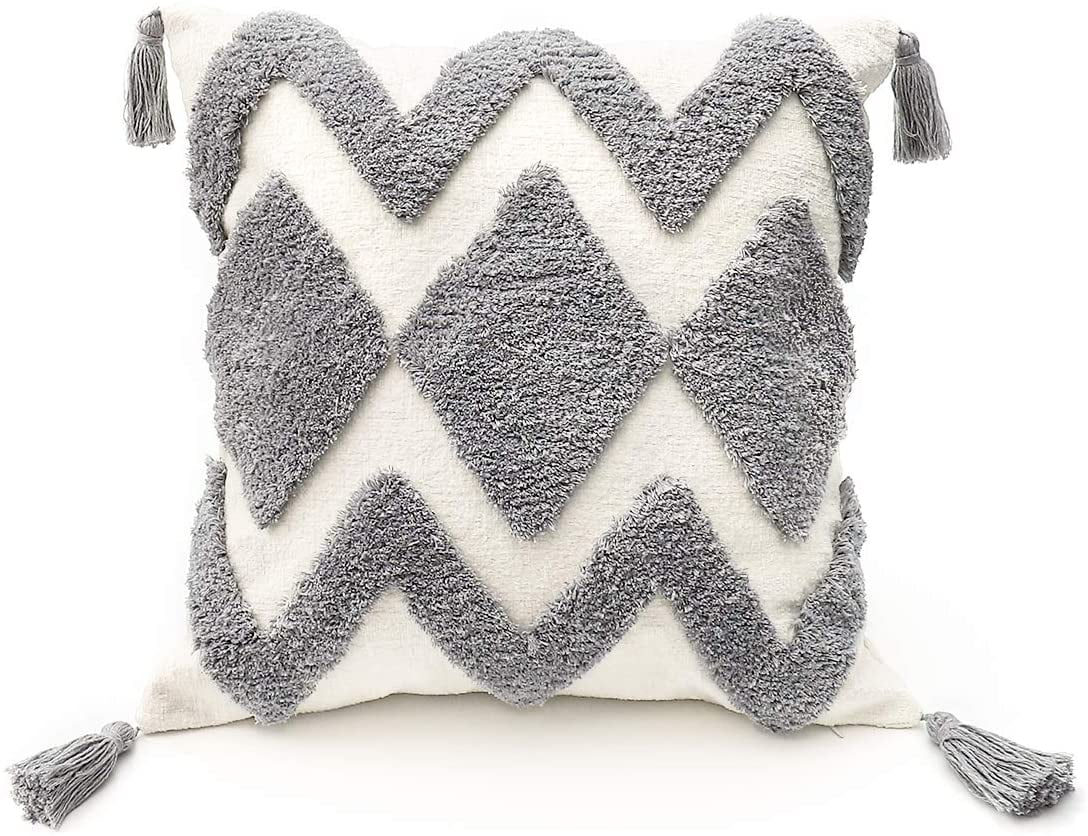 Boho Gray Throw Pillow Cover 18x18 Inch with Tassels, Moroccan Tufted  Decorative Cream Chenille Fabric Accent Textured Cushion Case for Bed  Couch, 1 PC - Walmart.com