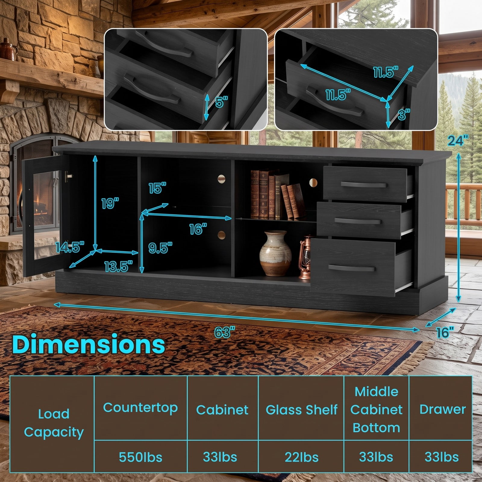 Furnibear 63 Inch Media Console TV Stand for TVs up to 73", Modern Entertainment Center with 3 Drawers, 2 Removable Glass Shelves & Cable Management for Living, Black
