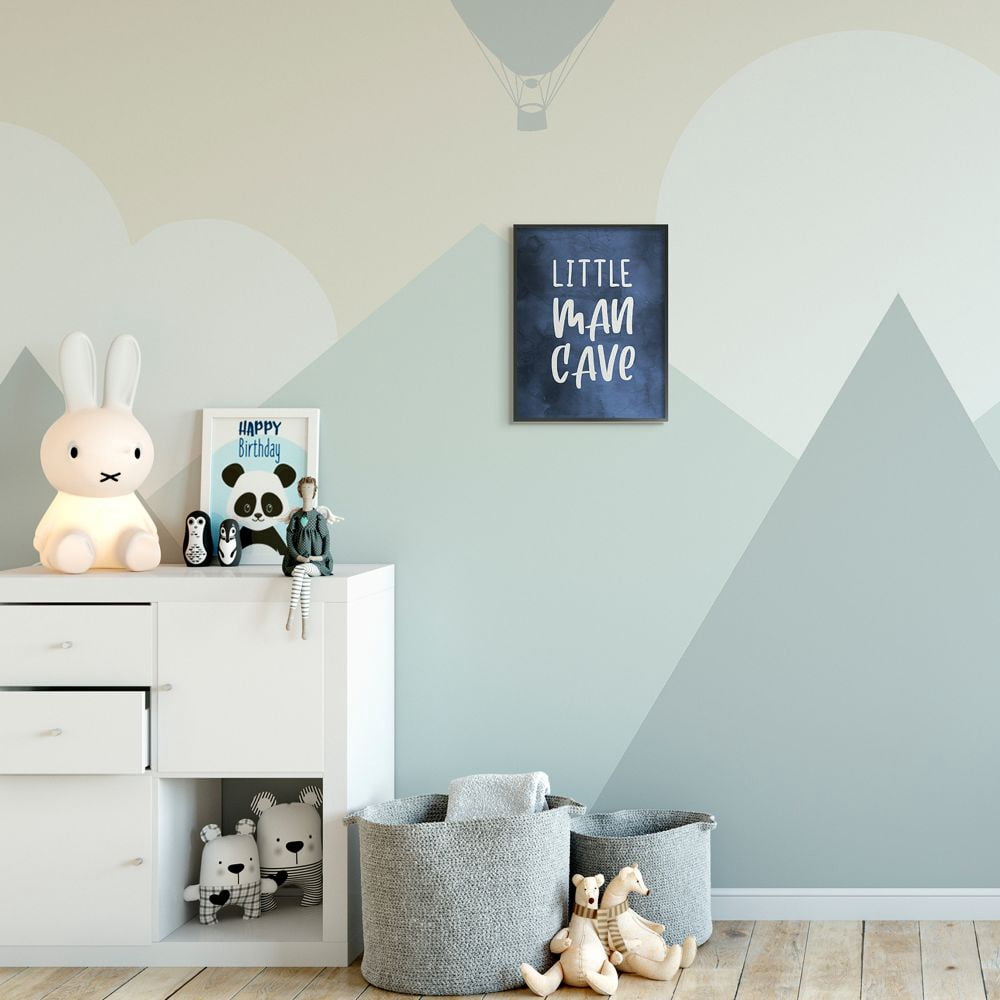 Stupell Industries Little Man Cave Text Over Navy Blue Watercolor Pattern Framed Wall Art Design by Daphne Polselli, 11" x 14", Black Framed