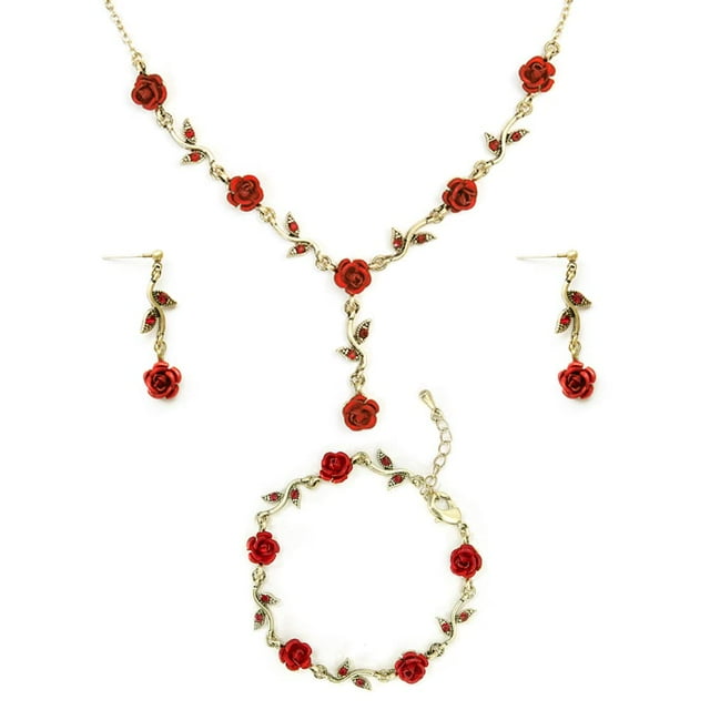 Juego de 3 collares de oro, collar largo para mujeres y niñas, pulsera con colgante de rosa dorada, joyería de flores, pendientes colgantes