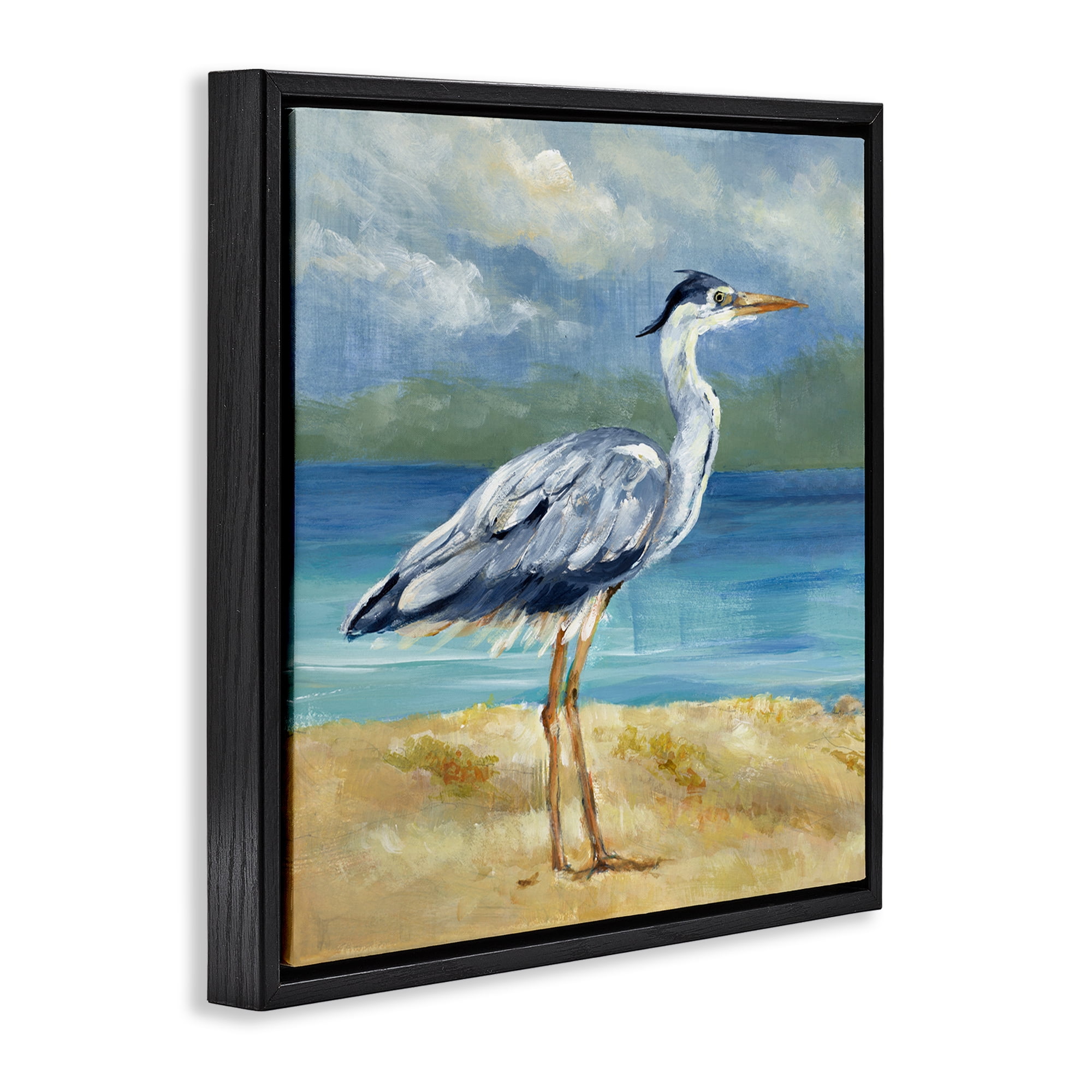 Stupell Industries Heron by the Sea Nautical & Beach Painting Black Floater Framed Canvas Art Print Wall Art, 18 x 18