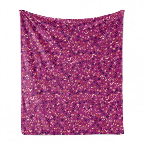 Spring Soft Flannel Fleece Blanket, Blossoms Doodle Dragonfly Summer Season Flourishing Meadow Beauty, Cozy Plush for Indoor and Outdoor Use, 60" x 80", Dark Magenta Cream and Indigo, by Ambesonne