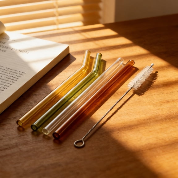 Set of 4 Glass Straw with Cleaning Brushes Heatproof Food-Grade Colored Long Curved 7.8in Transparent Drinking Straws for Beverages, Smoothies, Iced Coffee, Matcha, Juice