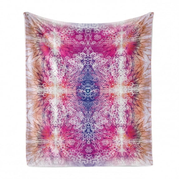 Mandala Soft Flannel Fleece Throw Blanket, Far Eastern Style Traditional Mandala Tie Dye Effect Ombre Print Harmony Theme, Cozy Plush for Indoor and Outdoor Use, 60" x 80", Pink, by Ambesonne