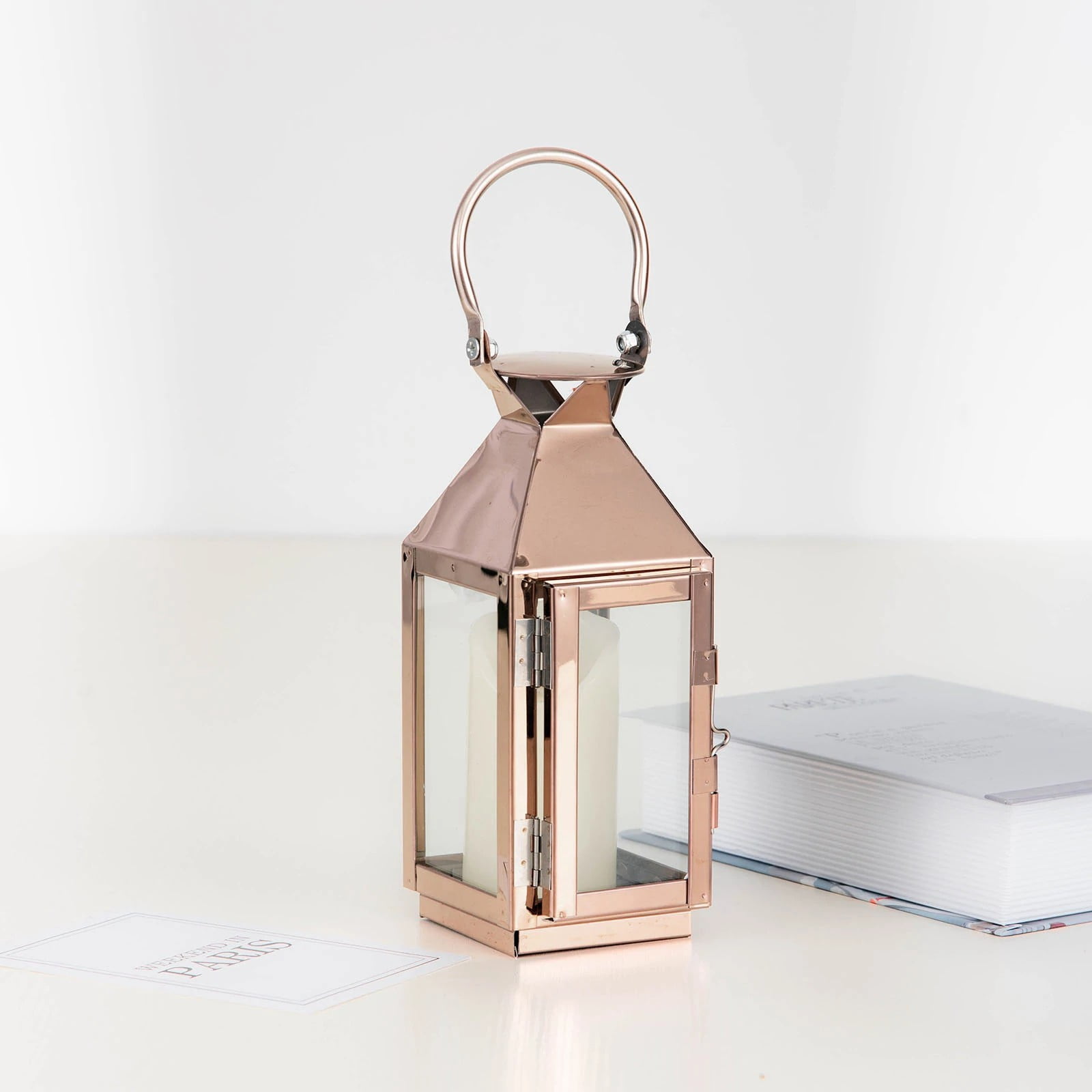 Oblong Copper Top White Wooden Candle Lantern with Rose Gold Handle 