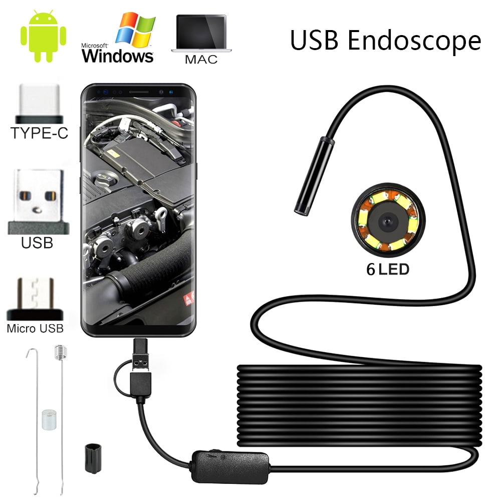7mm USB/Micro Endoscope 10M Ximandi 10M Inspection CMOS HD Waterproof Borescope Camera Snake Camera with 6 Adjustable Led Lights,Black