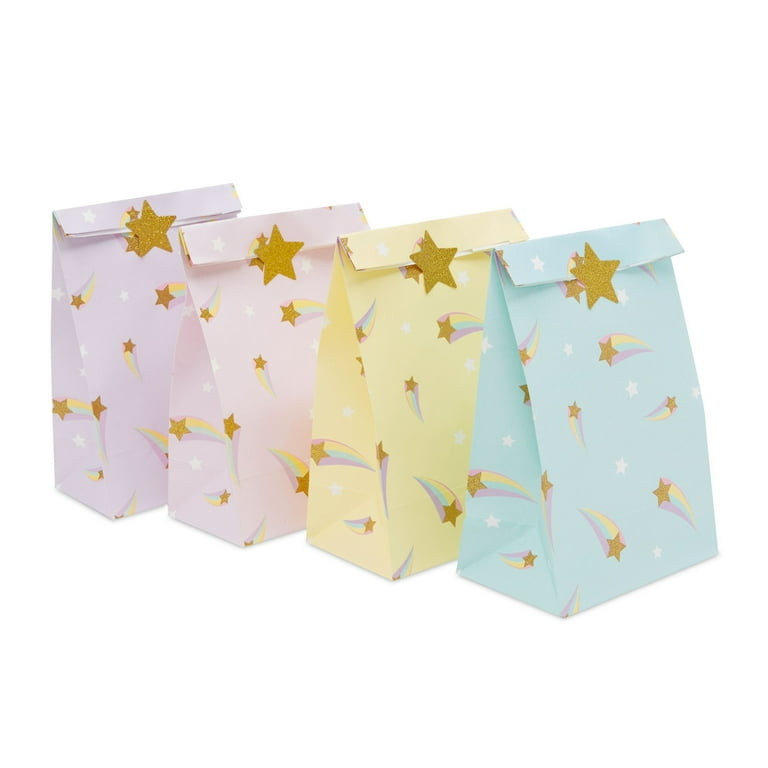 24 Pack of Pastel Party Favor Bags with Gold Foil Star Stickers for Rainbow  Birthday Party Supplies (4 Colors, 8.5 in)