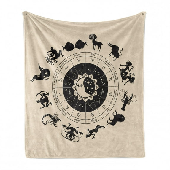 Zodiac Moon Soft Flannel Fleece Throw Blanket, Circle of Horoscopes with Symbolic Animals, Cozy Plush for Indoor and Outdoor Use, 50" x 60", Champagne Chestnut Brown, by Ambesonne