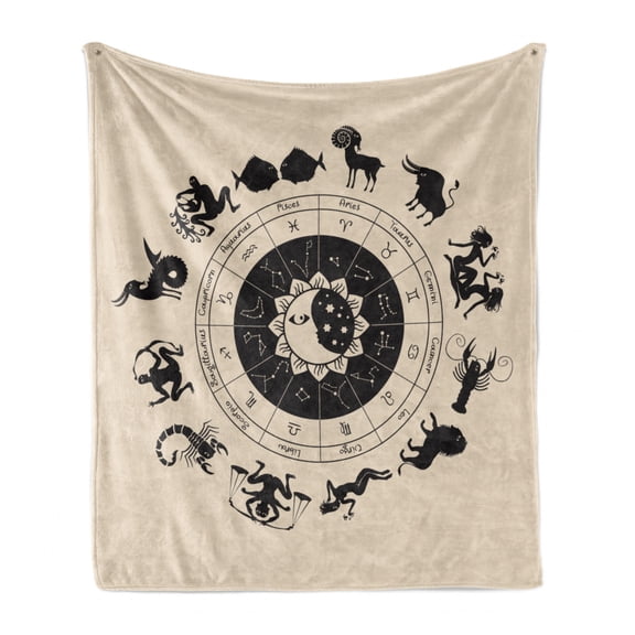 Zodiac Moon Soft Flannel Fleece Throw Blanket, Circle of Horoscopes with Symbolic Animals, Cozy Plush for Indoor and Outdoor Use, 70" x 90", Champagne Chestnut Brown, by Ambesonne