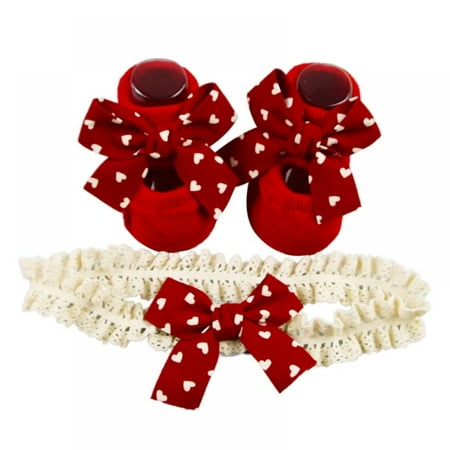 

Baby Girls Baby Socks And Headband Set Lovely Red Bowknot Decorated Anti-Slip Cotton Ankle Socks With Elastic HairBand Set