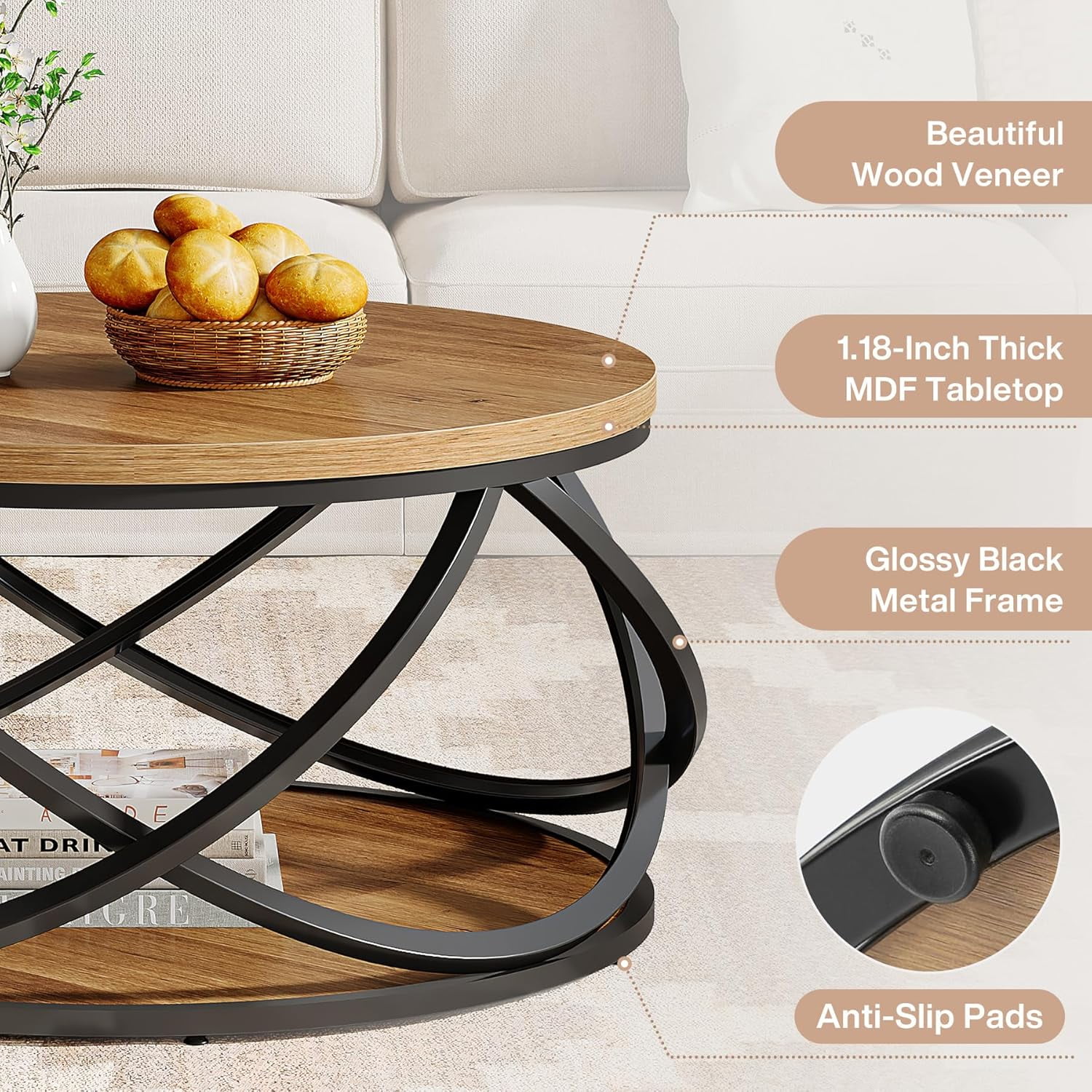 Tribesigns 31.5" Round Coffee Table, 2-Tier Circle Center Table with Metal Frame, Rustic Accent Cocktail Table for Living Room, Small Space, Brown & Black